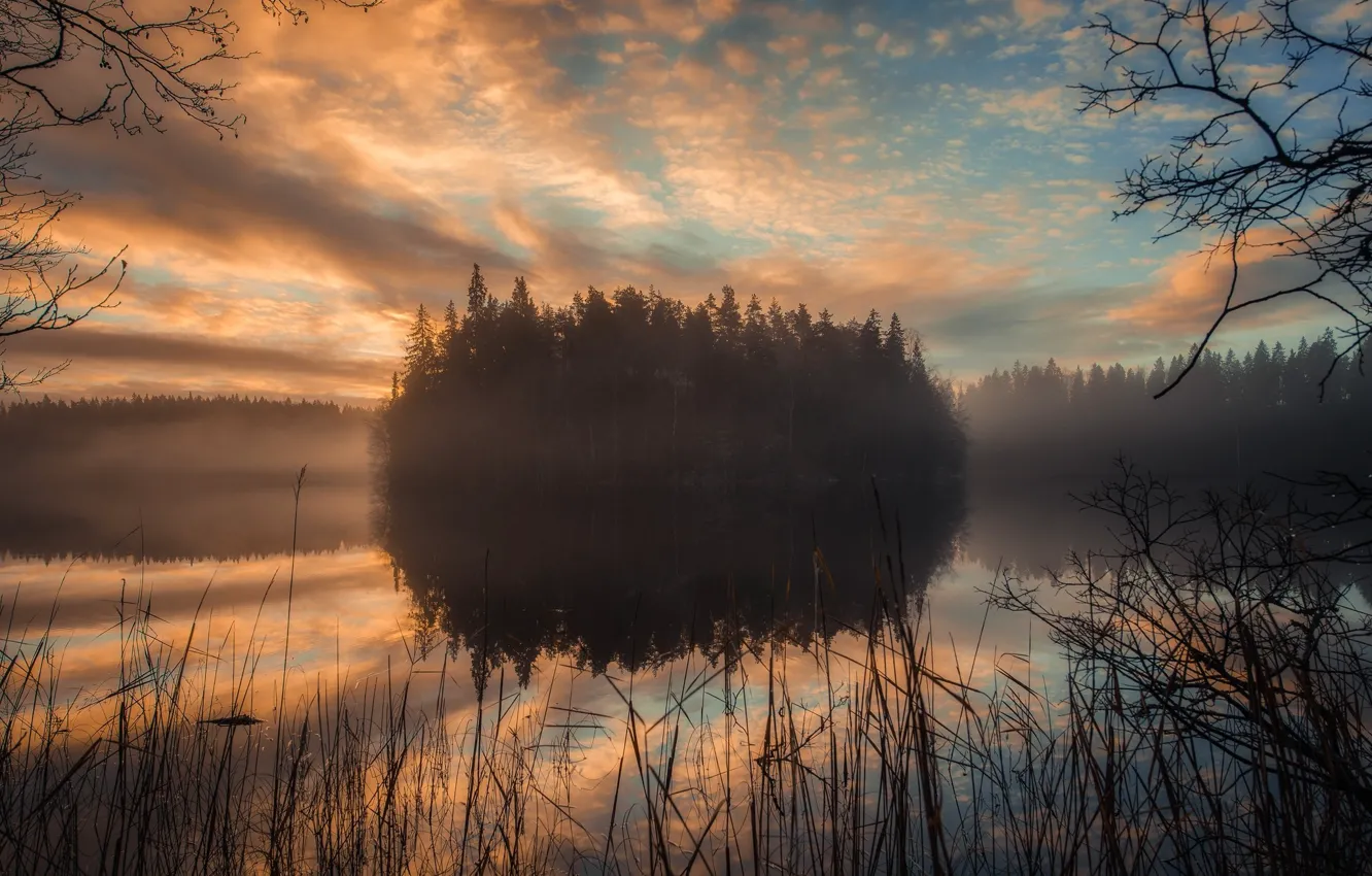 Photo wallpaper lake, sunrise, in the morning