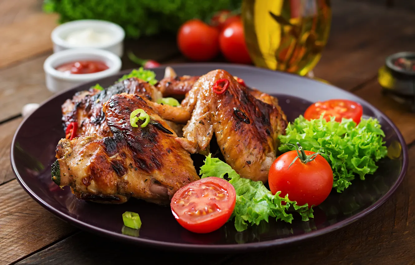 Photo wallpaper yummy, wings, tomatoes, salad, grill