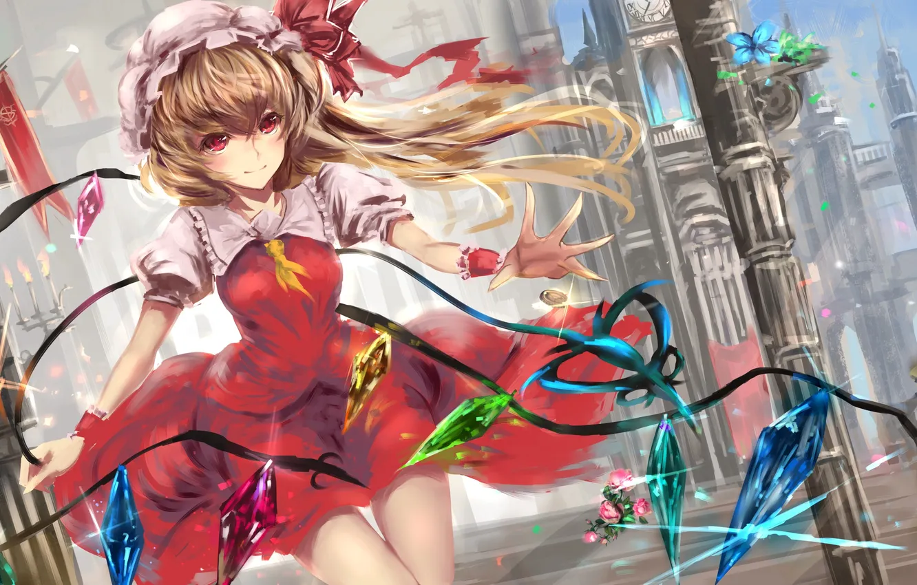 Photo wallpaper look, girl, flowers, the city, smile, dress, blush, touhou