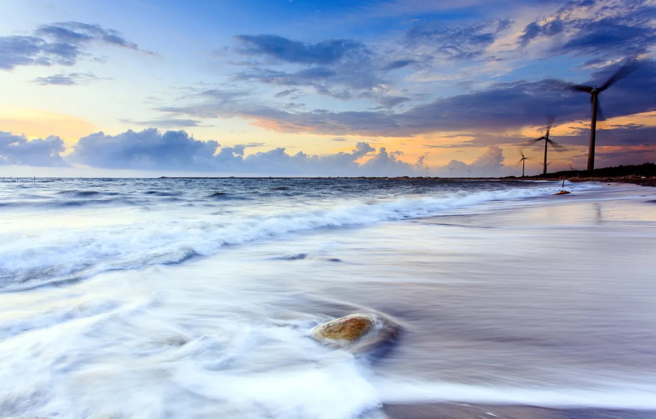 Photo wallpaper sea, landscape, windmills