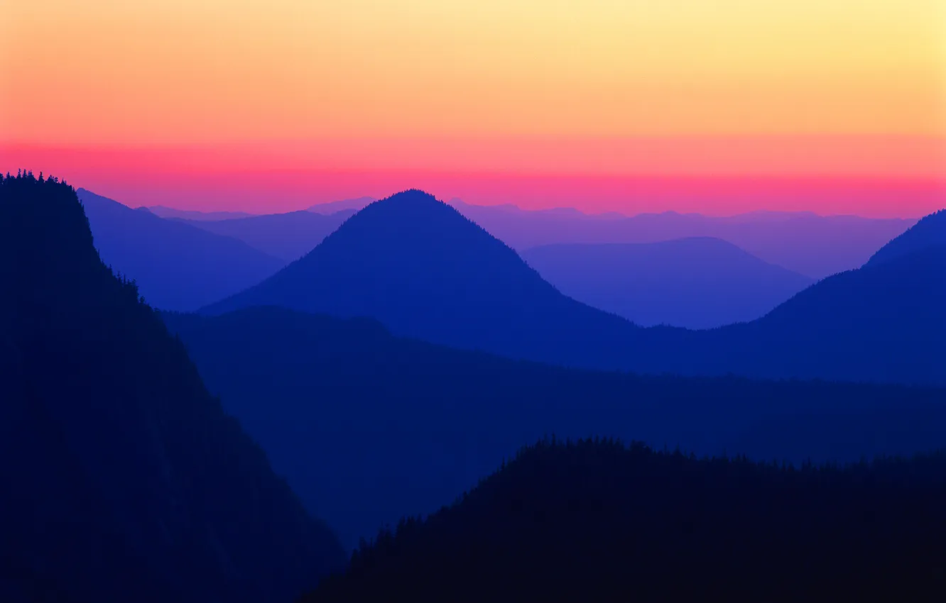 Photo wallpaper forest, the sky, sunset, mountains, Wallpaper, the evening, glow