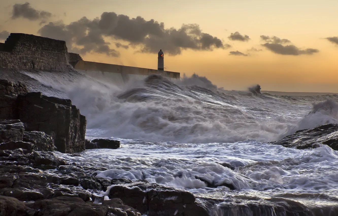 Photo wallpaper sea, wave, night, lighthouse