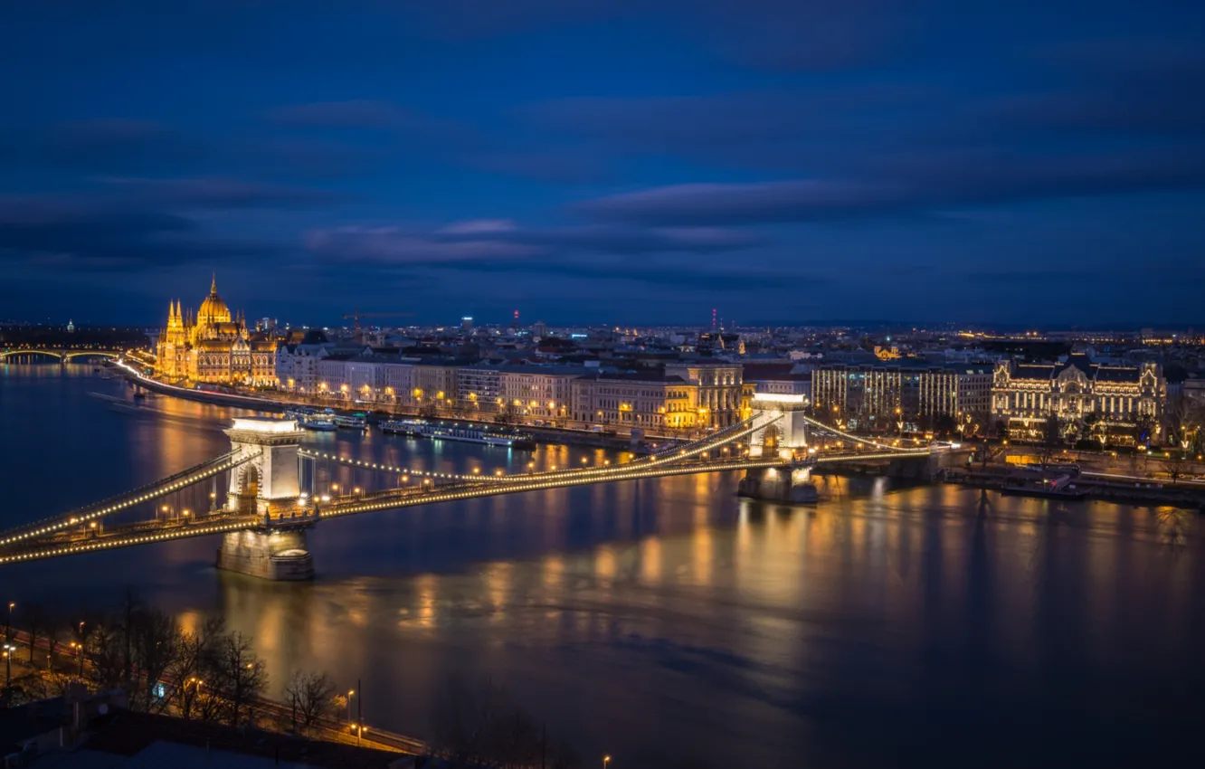 Photo wallpaper night, bridge, lights, river, Parliament, Hungary, Budapest