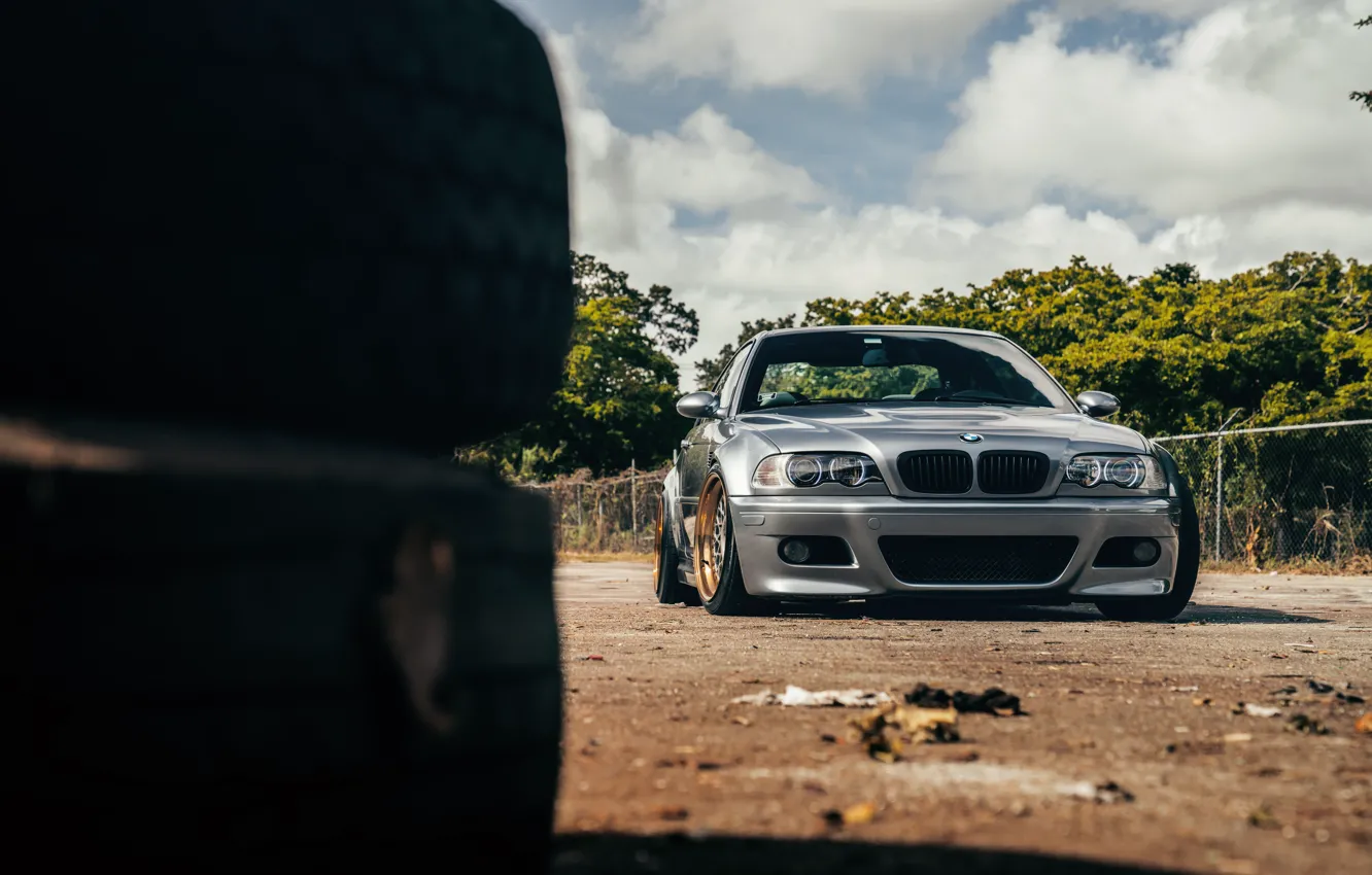 Photo wallpaper BMW, E46, Silver, Trees, M3