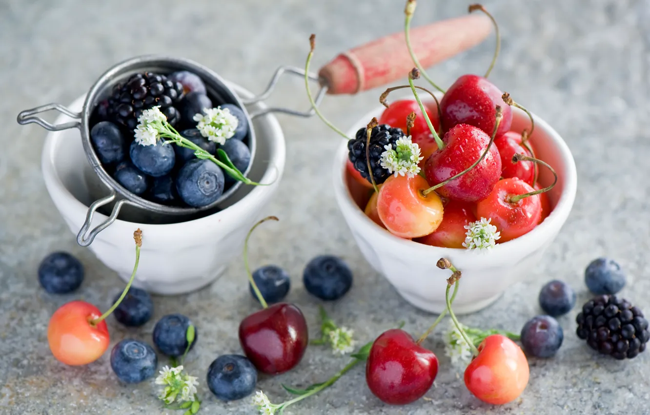 Photo wallpaper summer, berries, blueberries, dishes, cherry, BlackBerry, Anna Verdina