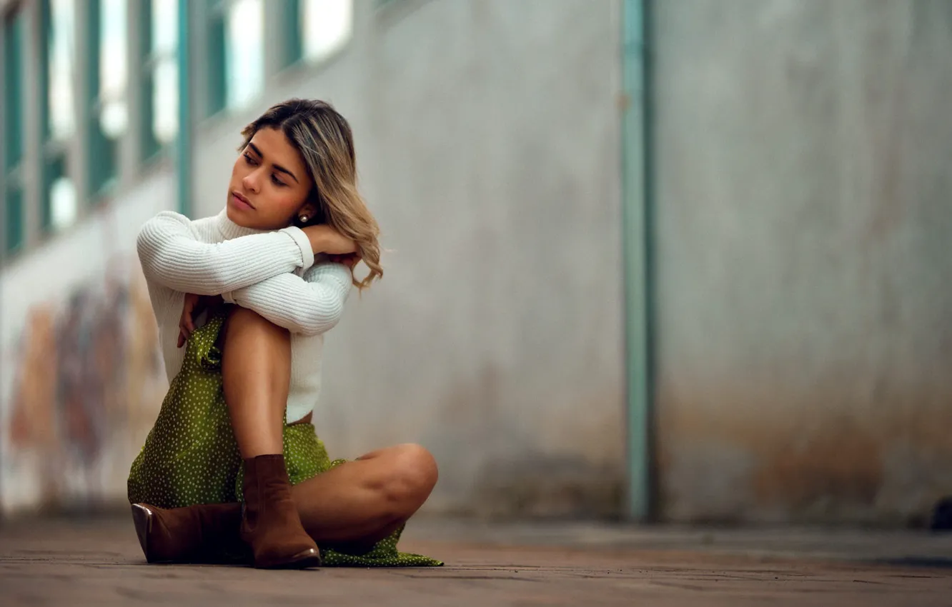 Photo wallpaper girl, pose, wall, skirt, sweater, DAVID MAS, Ankle boots
