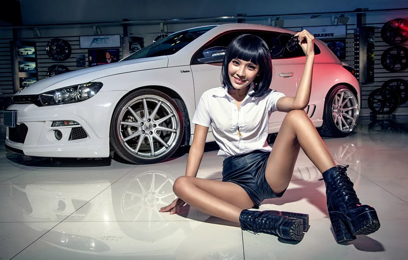 Photo wallpaper look, smile, Girls, Volkswagen, Asian, beautiful girl, white car