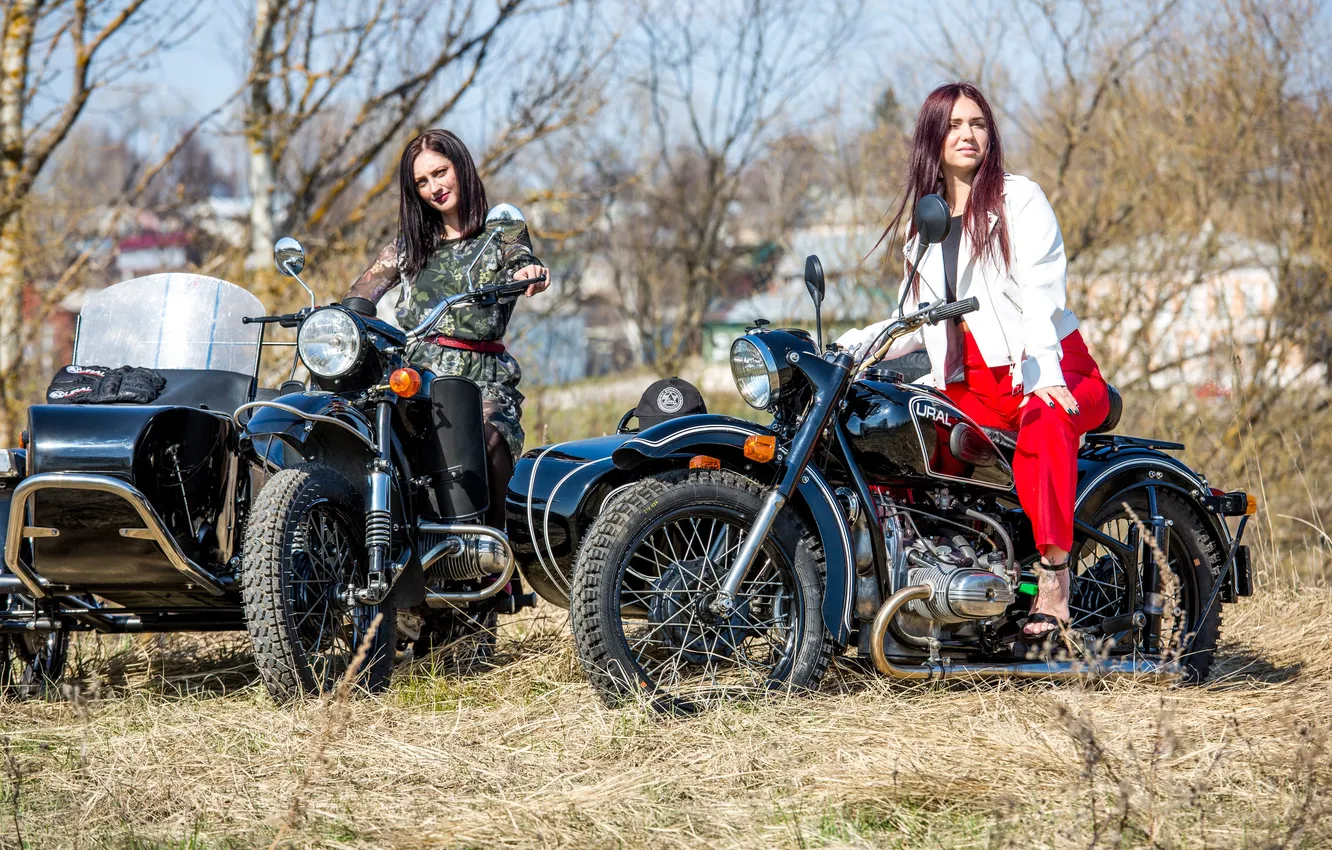 Photo wallpaper girl, spring, motorcycle, Soviet, Ural