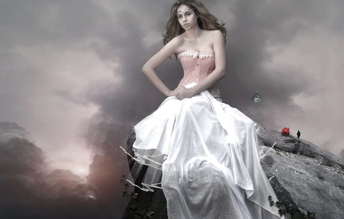 Photo wallpaper girl, butterfly, rose, white dress, photoart