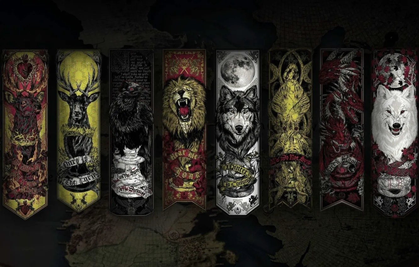 Photo wallpaper crow, lion, wolf, dragon, map, A Song of Ice and Fire, Game of Thrones, Winterfell