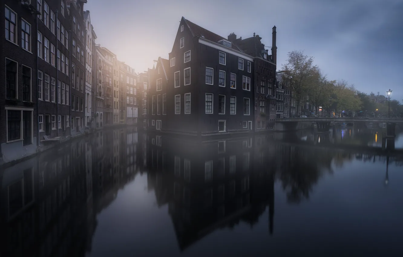 Photo wallpaper the city, reflection, home, Amsterdam, channel, haze, Netherlands