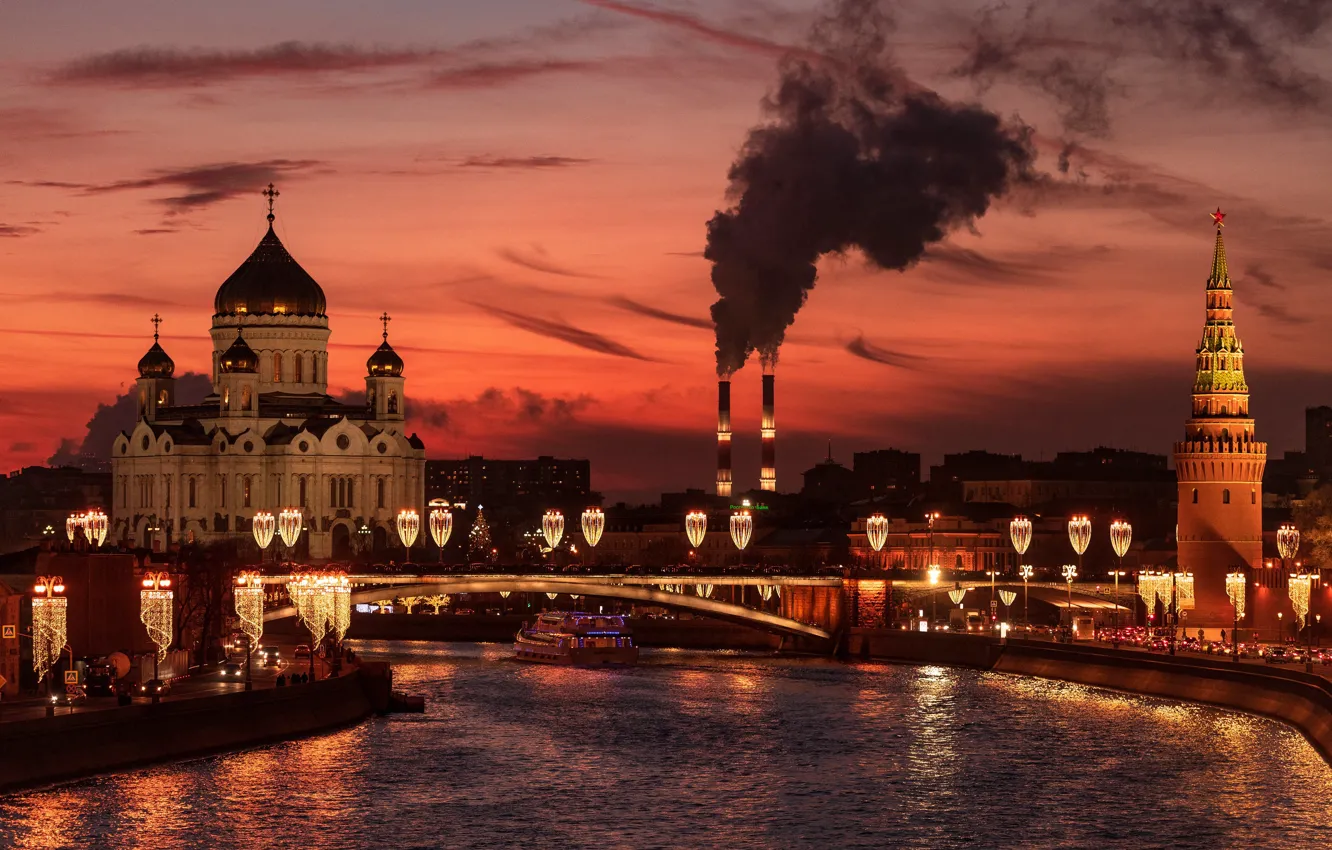 Photo wallpaper bridge, pipe, the city, river, smoke, tower, the evening, lighting