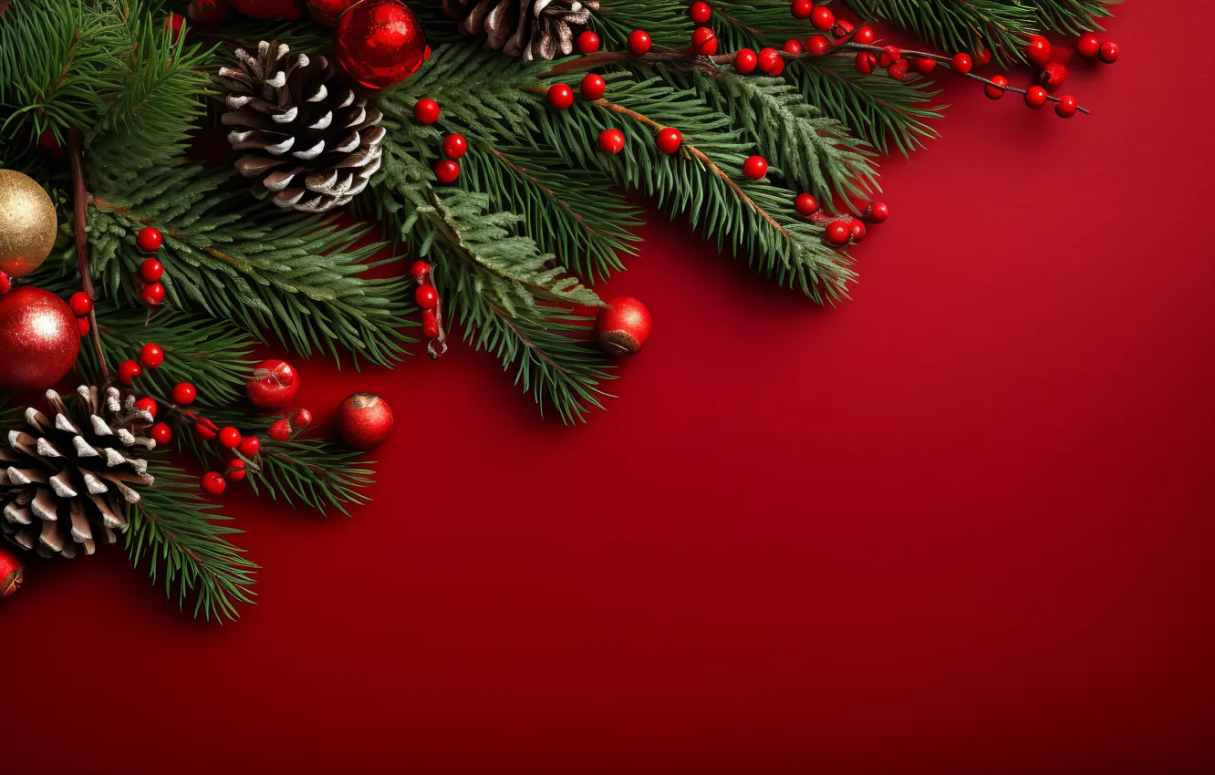 Photo wallpaper balls, branches, red, new year, Christmas, needles, bumps, red background
