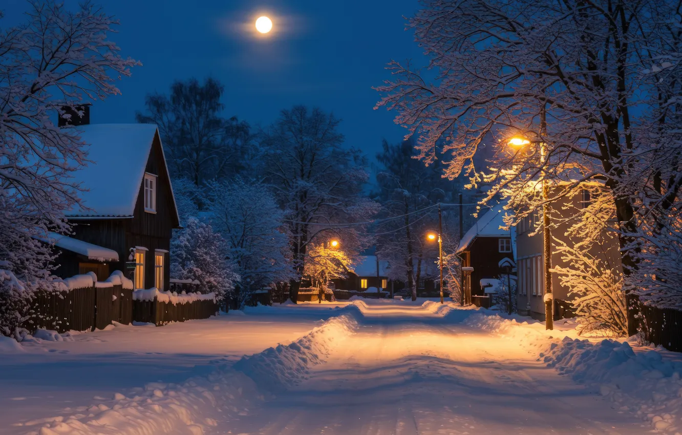 Photo wallpaper winter, snow, lights, new year, Christmas, the light in the Windows, AI art, neural network