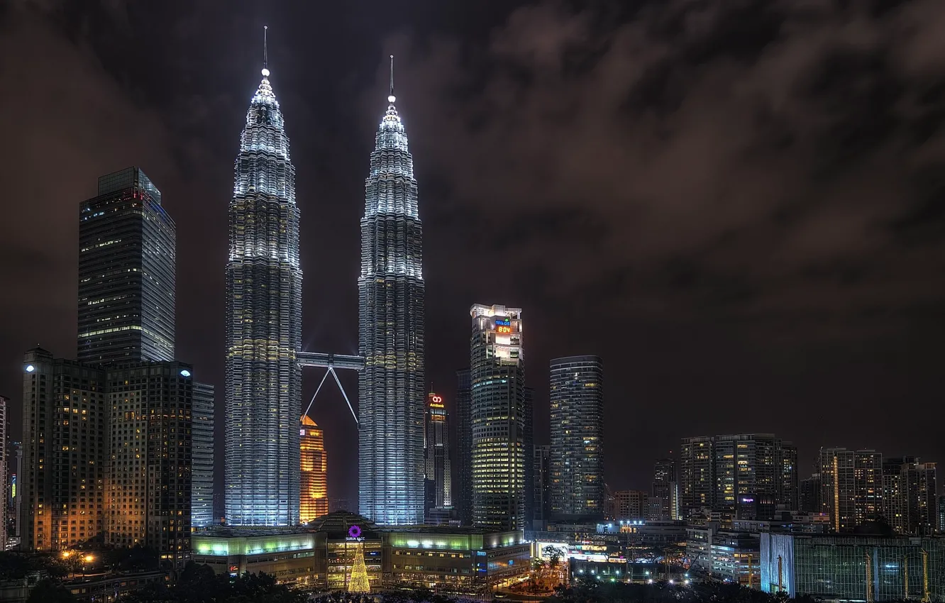 Photo wallpaper night, clouds, the city, building, Malaysia, Kuala Lumpur