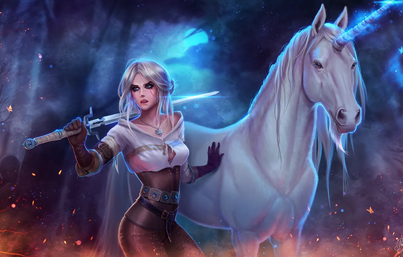 Photo wallpaper digital art, open clothes, artwork, unicorn, Cirilla Fiona Elen Riannon, Prywinko, video game girls, video …