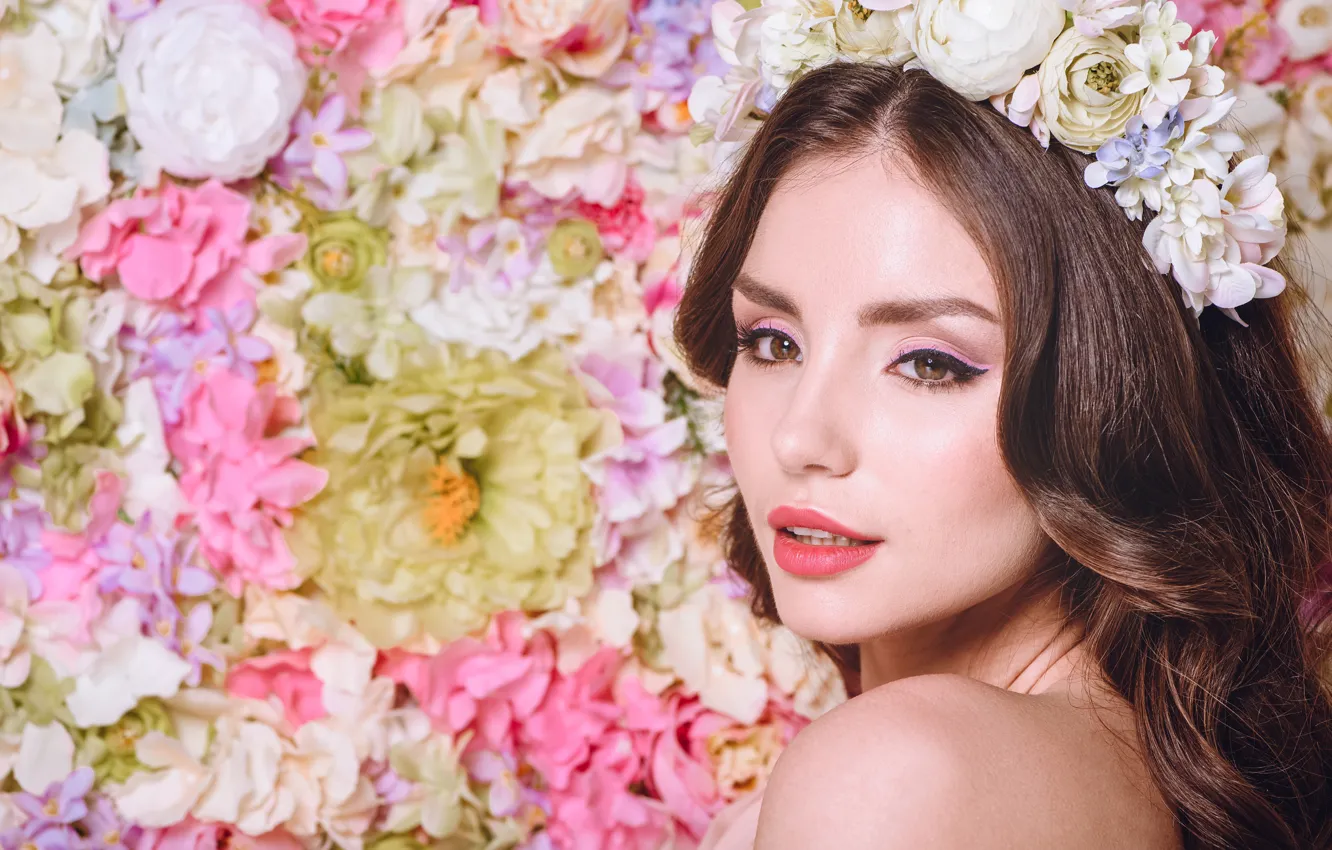 Photo wallpaper flowers, face, background, portrait, makeup, hairstyle, brown hair, beauty