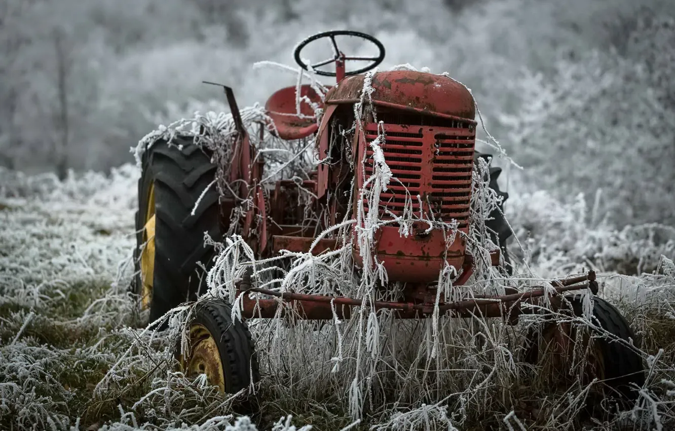 Photo wallpaper frost, nature, tractor
