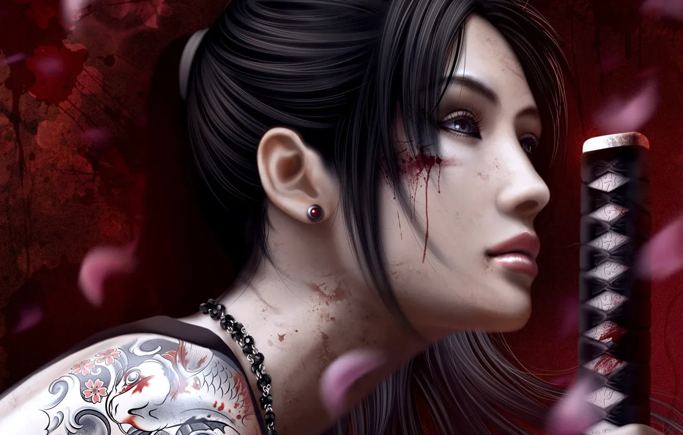 Photo wallpaper face, blood, katana, tattoo, Asian, arm, The Yakuza