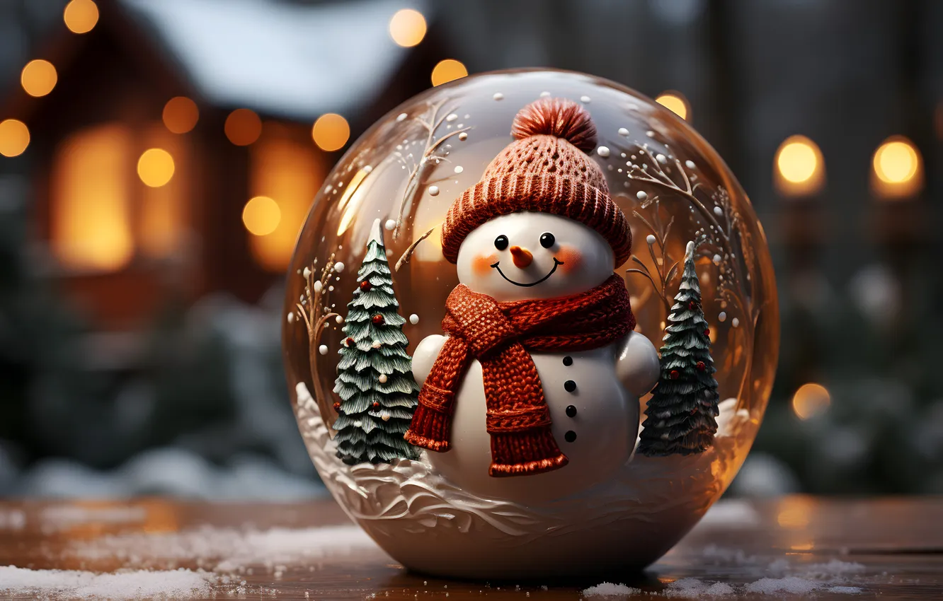 Photo wallpaper winter, snow, balls, tree, Christmas, balls, winter, snow