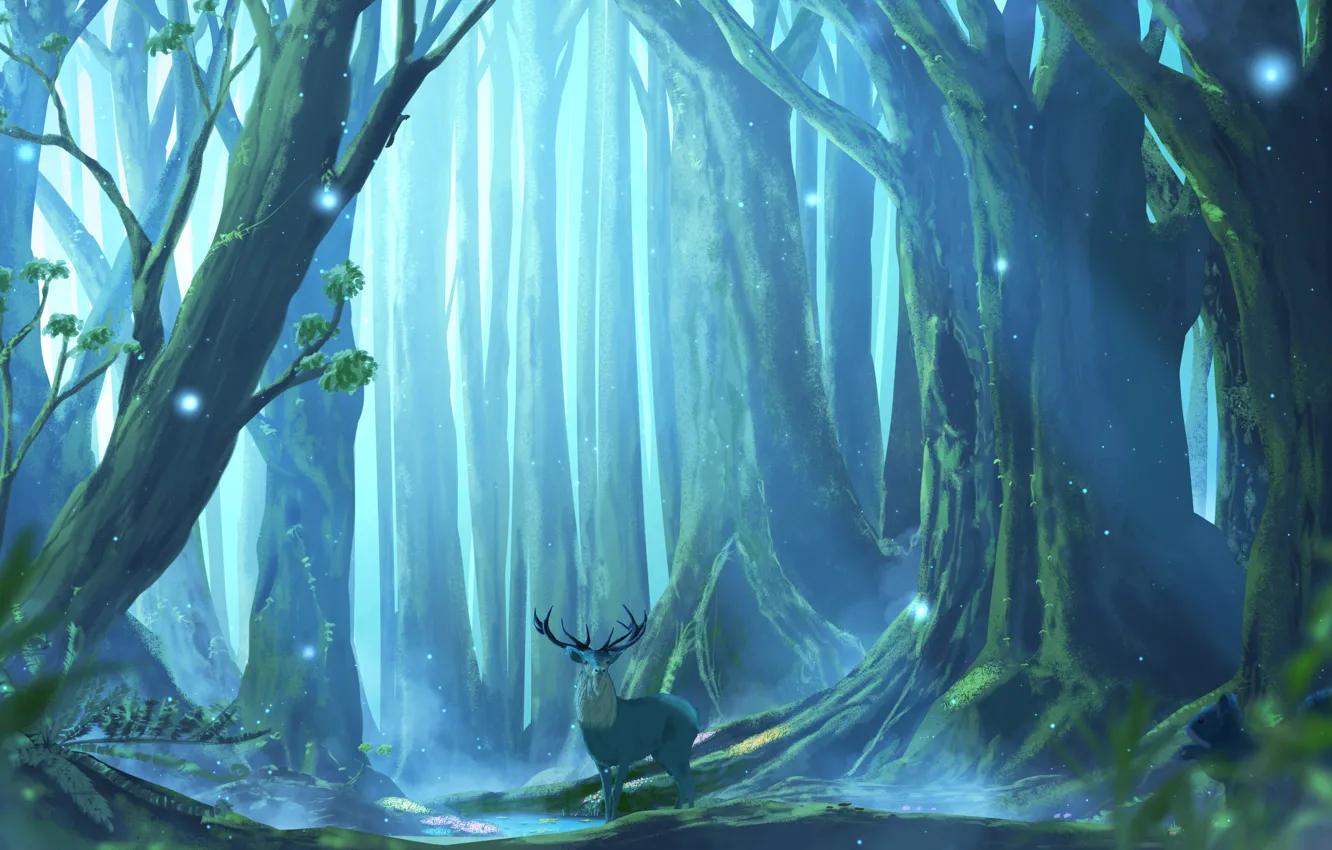 Photo wallpaper forest, water, flowers, deer, fantasy, the spirit of the forest, adsuger