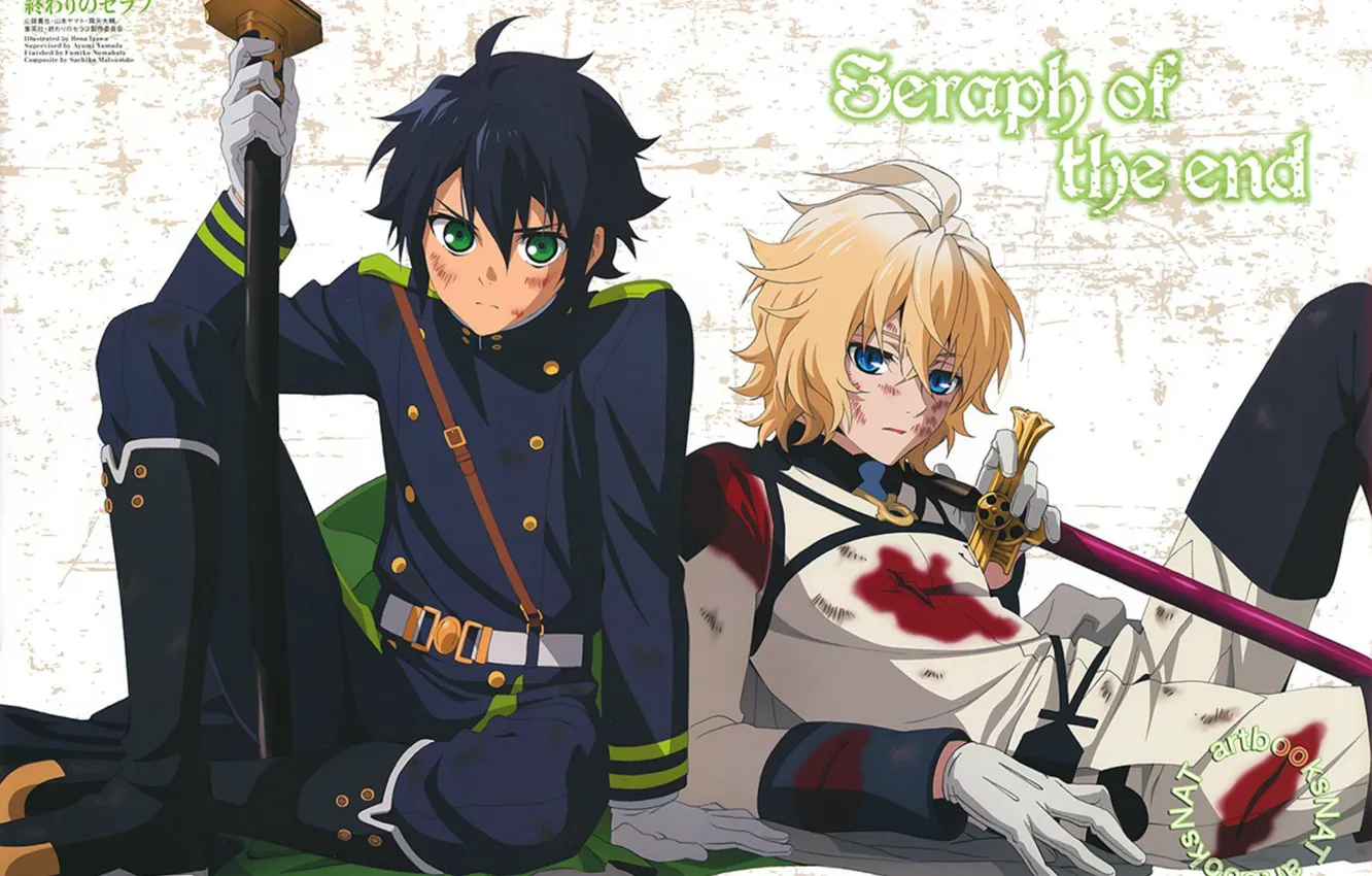 Photo wallpaper each, blood, sword, vampire, green eyes, military uniform, wounds, Owari no Seraph