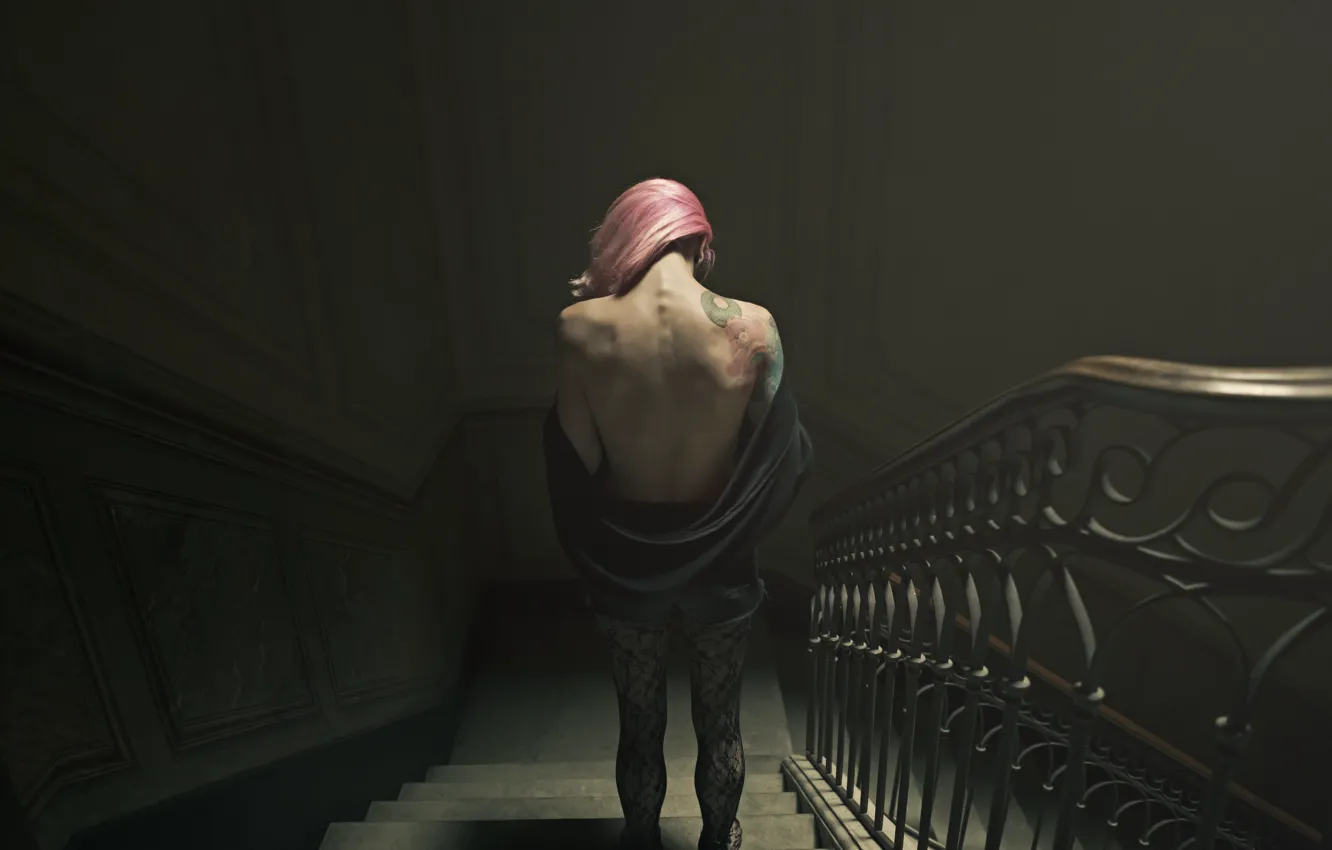 Photo wallpaper girl, pink hair, woman, mood, tattoo, back, female, stairs
