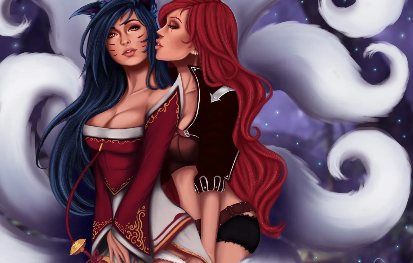 Photo wallpaper chest, girl, magic, tenderness, hugs, tail, ears, art