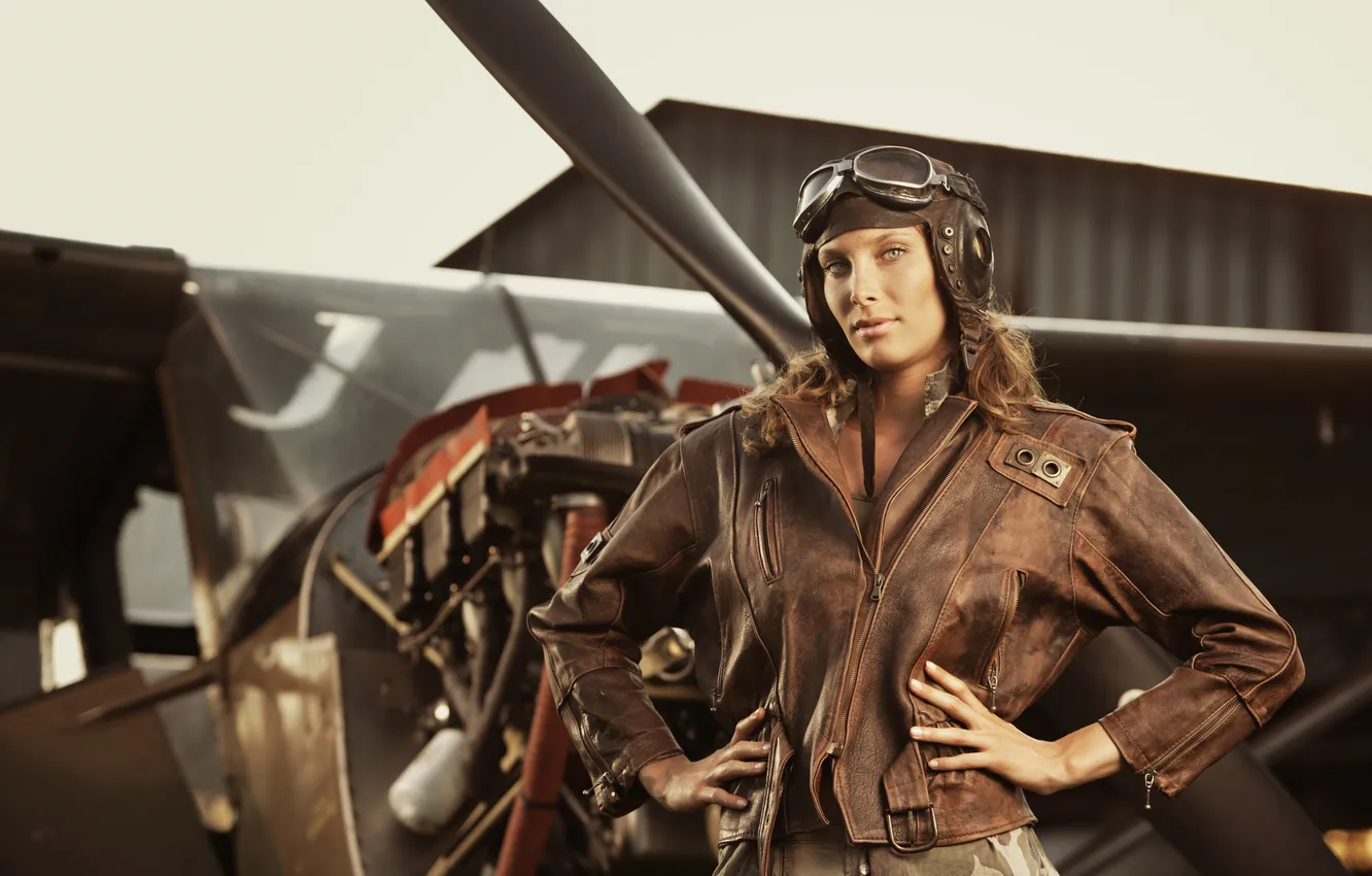 Photo wallpaper girl, jacket, pilot, the plane