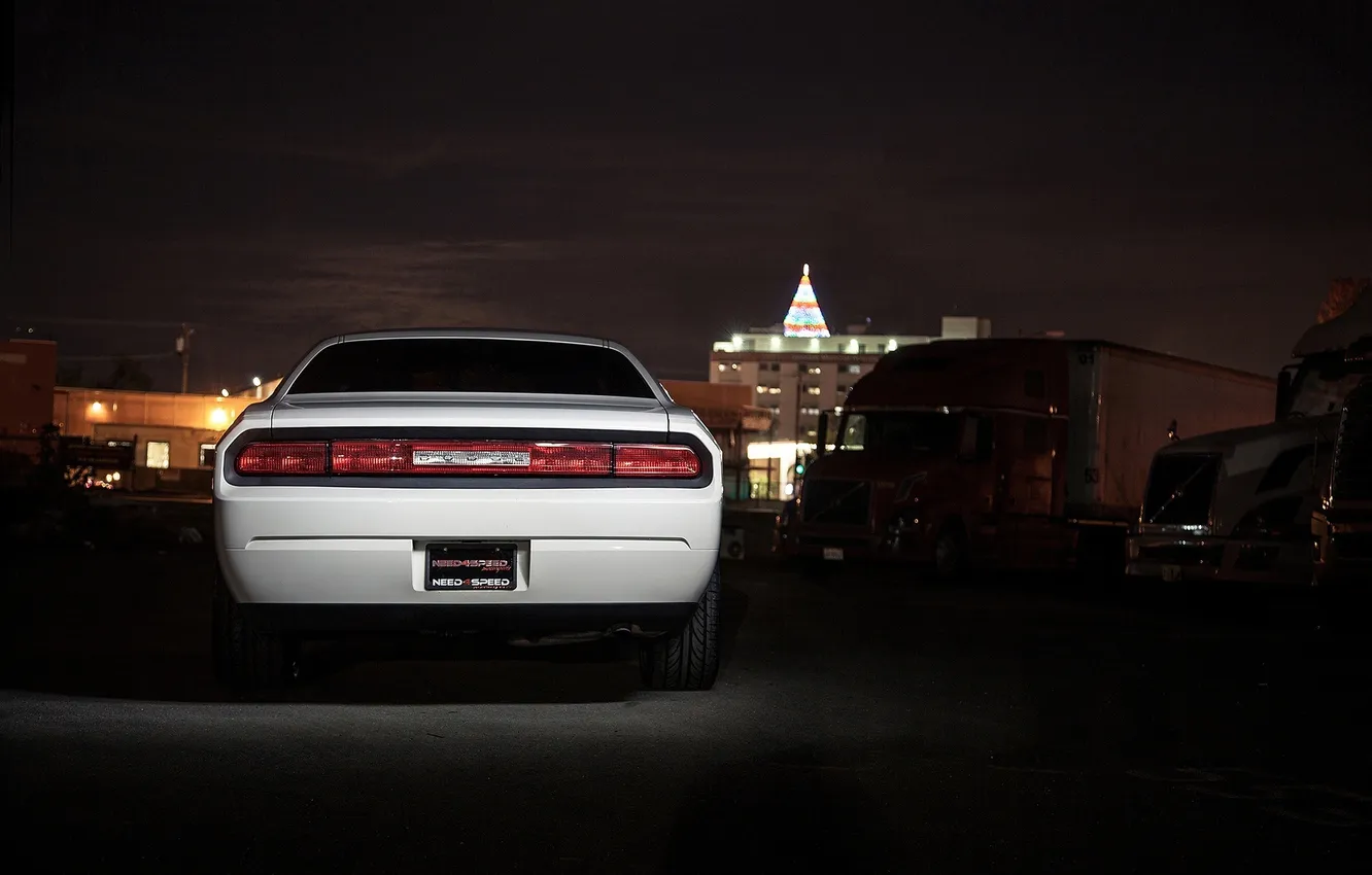 Photo wallpaper white, lights, Dodge, Challenger, white, night city, Dodge, back