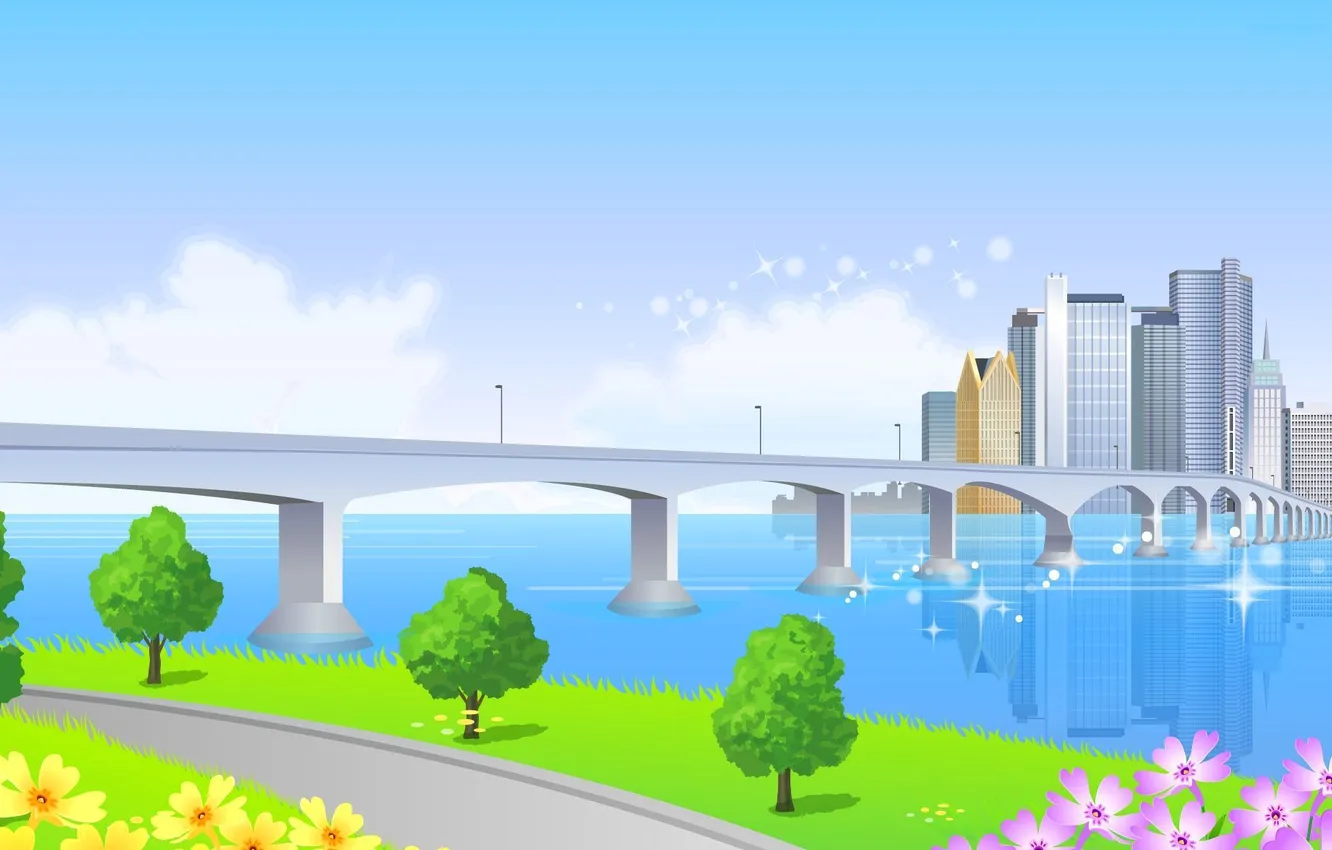 Photo wallpaper the sky, flowers, bridge, the city, river, home, vector