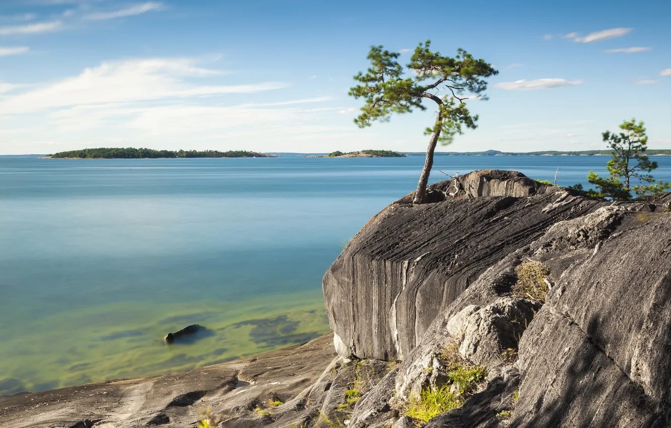 Photo wallpaper the sky, trees, lake, rocks, shore, island