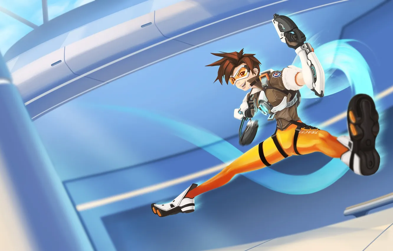 Photo wallpaper girl, smile, jump, glasses, costume, Blizzard, Overwatch, Tracer