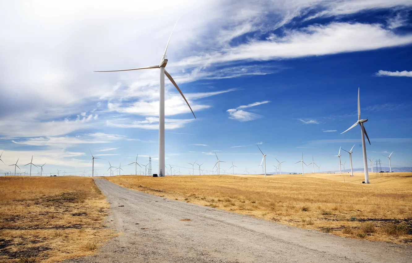 Photo wallpaper road, field, landscape, windmills