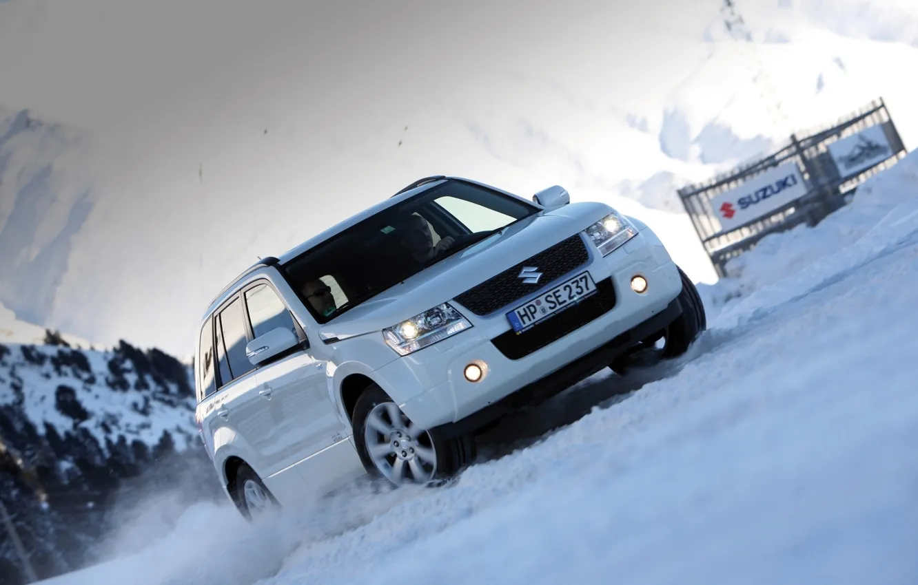 Photo wallpaper white, snow, mountains, jeep, suzuki, the front, Suzuki, crossover