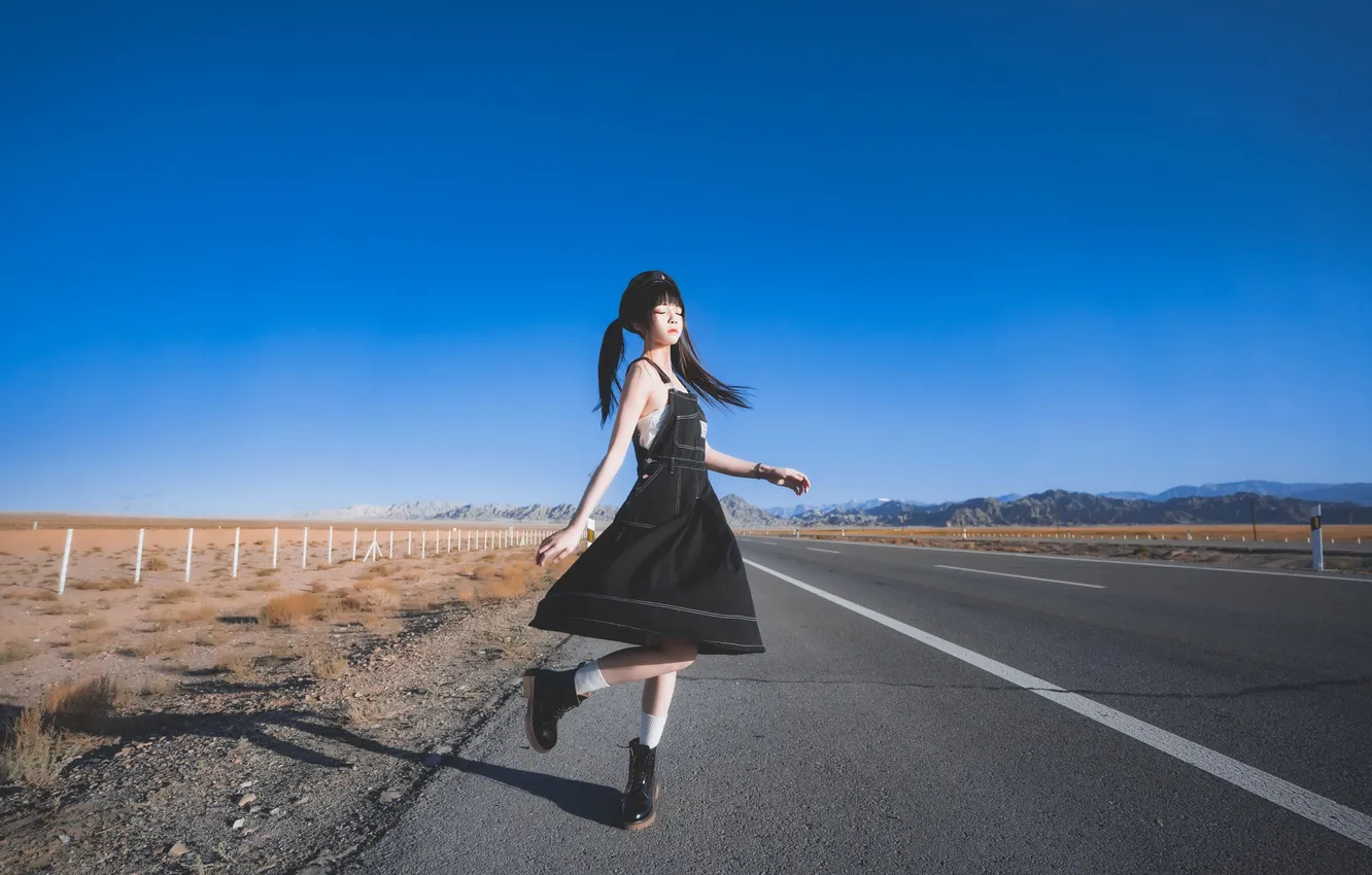Photo wallpaper road, desert, woman, beautiful, model, pretty, jeans, Denim