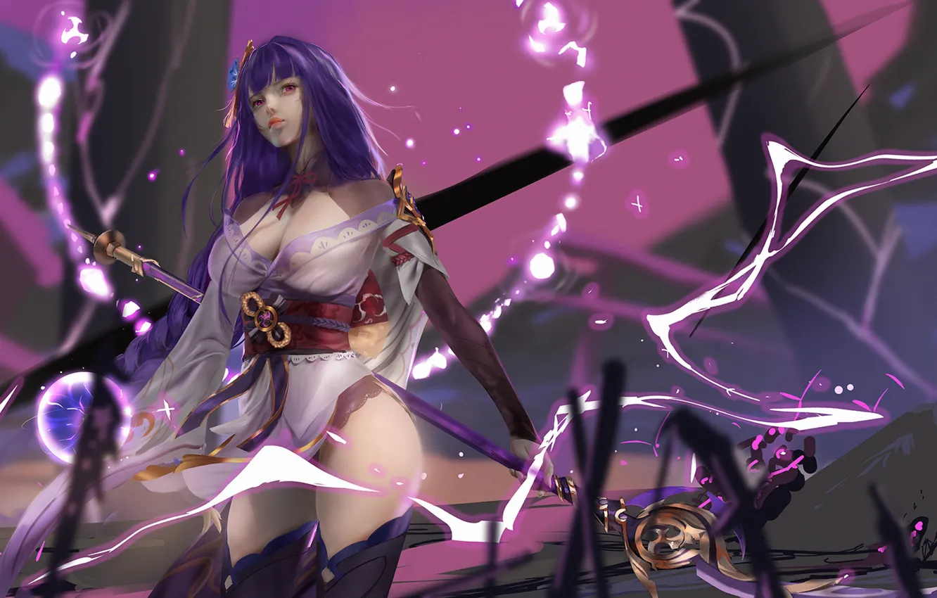 Photo wallpaper girl, lightning, fantasy, staff, Genshin Impact, Raiden Shogun, by YDIYA