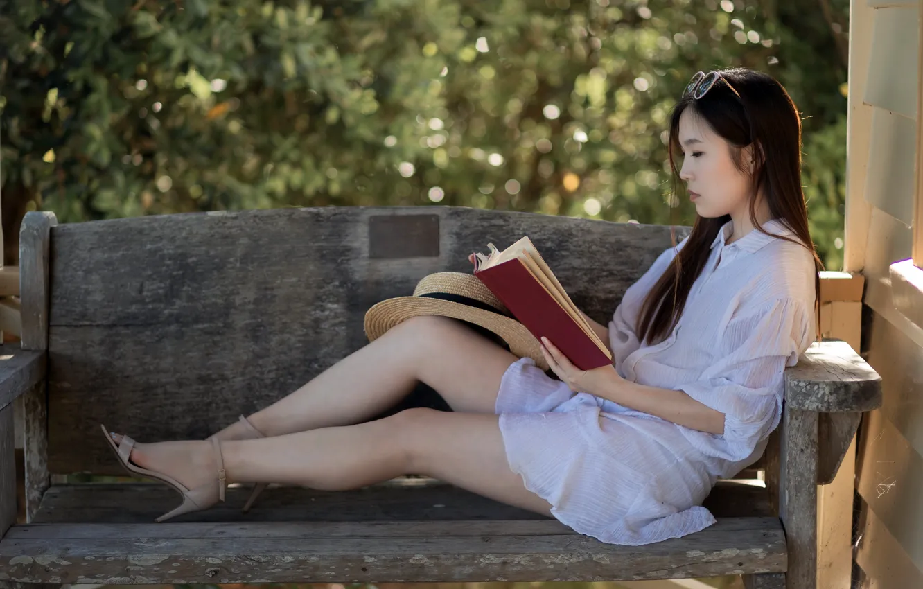 Photo wallpaper girl, book, Asian