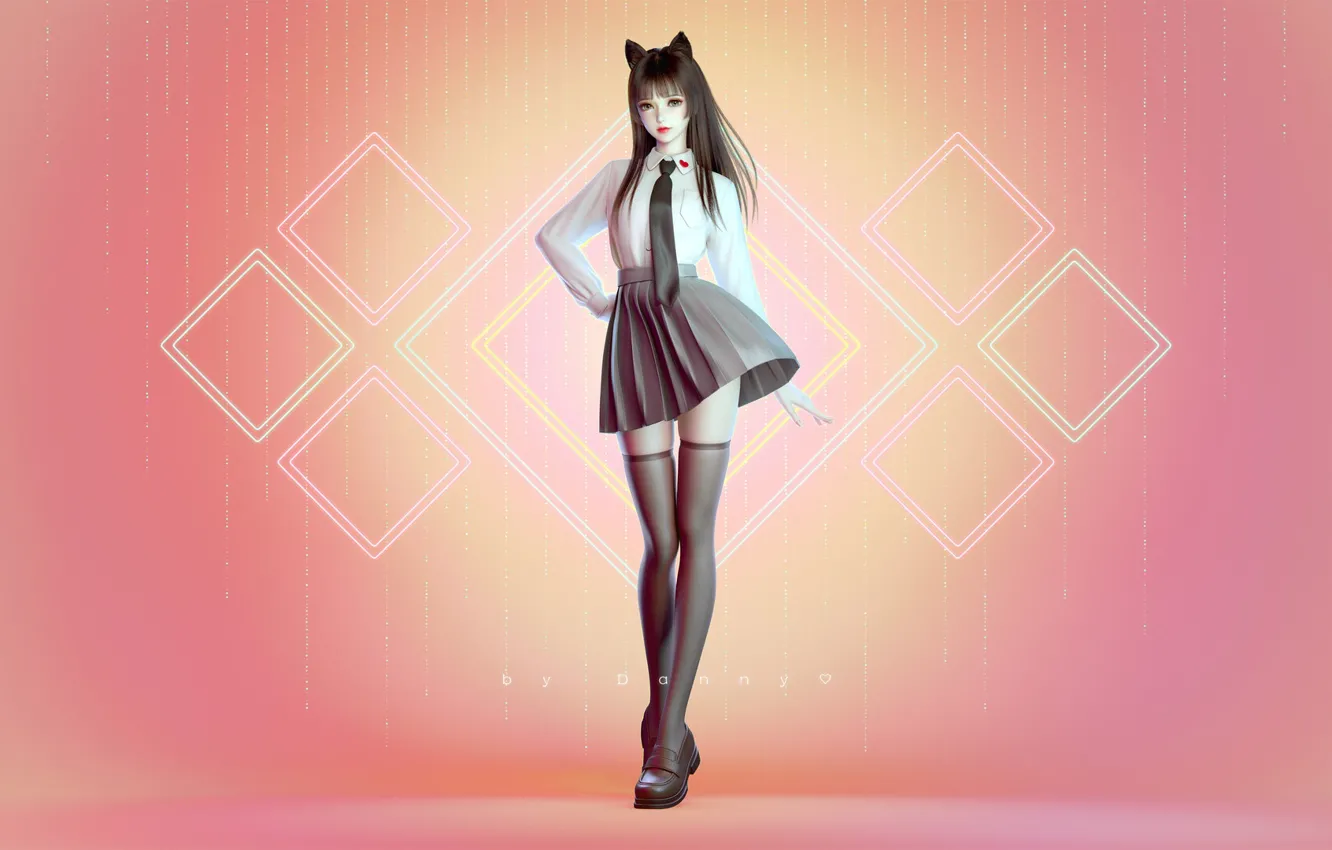 Photo wallpaper long hair, stockings, women, digital art, artwork, Illustration, skirt, dark hair