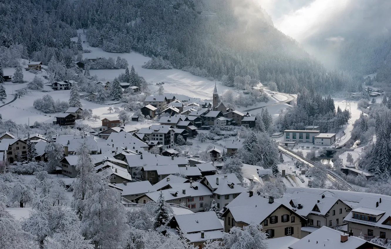 Photo wallpaper winter, snow, home, Switzerland, municipality, Filisur, the Canton of Grisons
