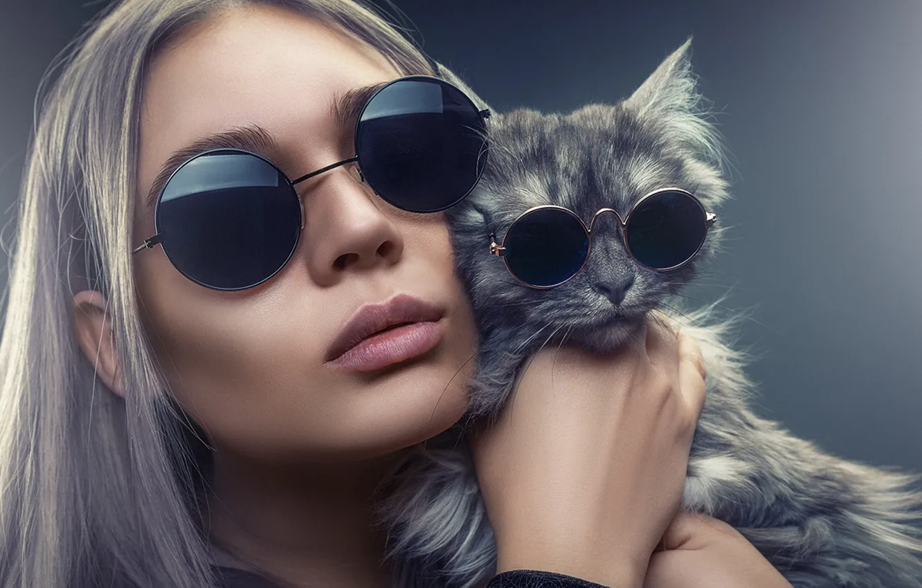 Photo wallpaper girl, Cat Sunglasses, Face Sunglasses