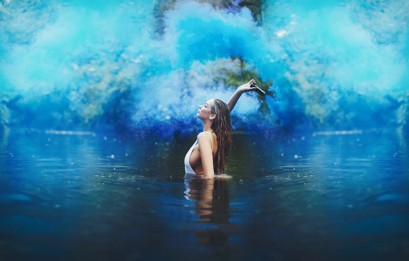 Photo wallpaper girl, smoke, blue, lake