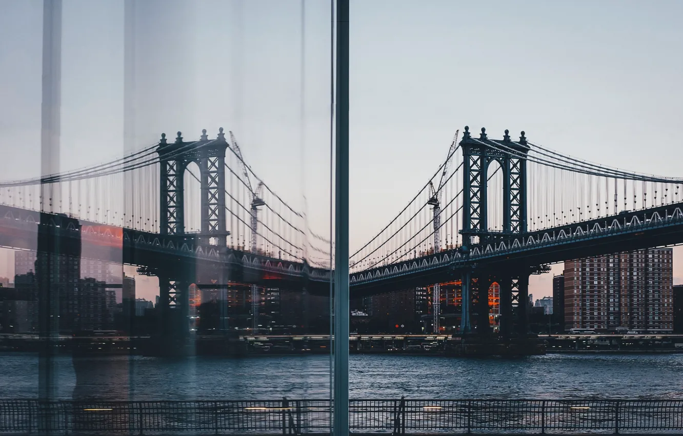 Photo wallpaper bridge, the city, reflection, window, USA, New York