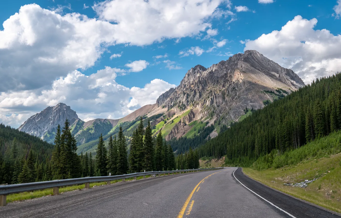 Photo wallpaper road, forest, the sky, clouds, mountains, highway