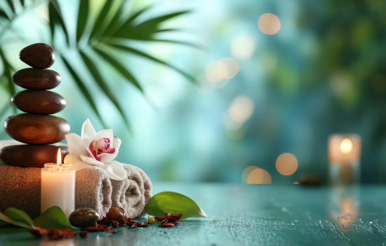 Photo wallpaper flowers, towel, candles, Orchid, AI art, neural network