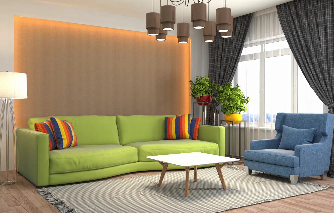 Photo wallpaper design, sofa, interior, chair, pillow, window