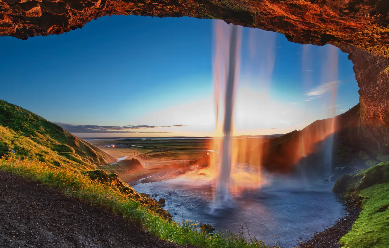 Photo wallpaper sunset, waterfall, the evening, Iceland, Seljalandsfoss, Seljalandsfoss