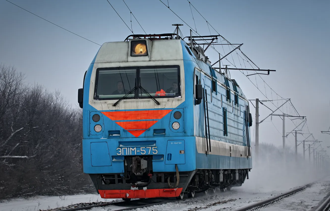 Photo wallpaper winter, rails, locomotive