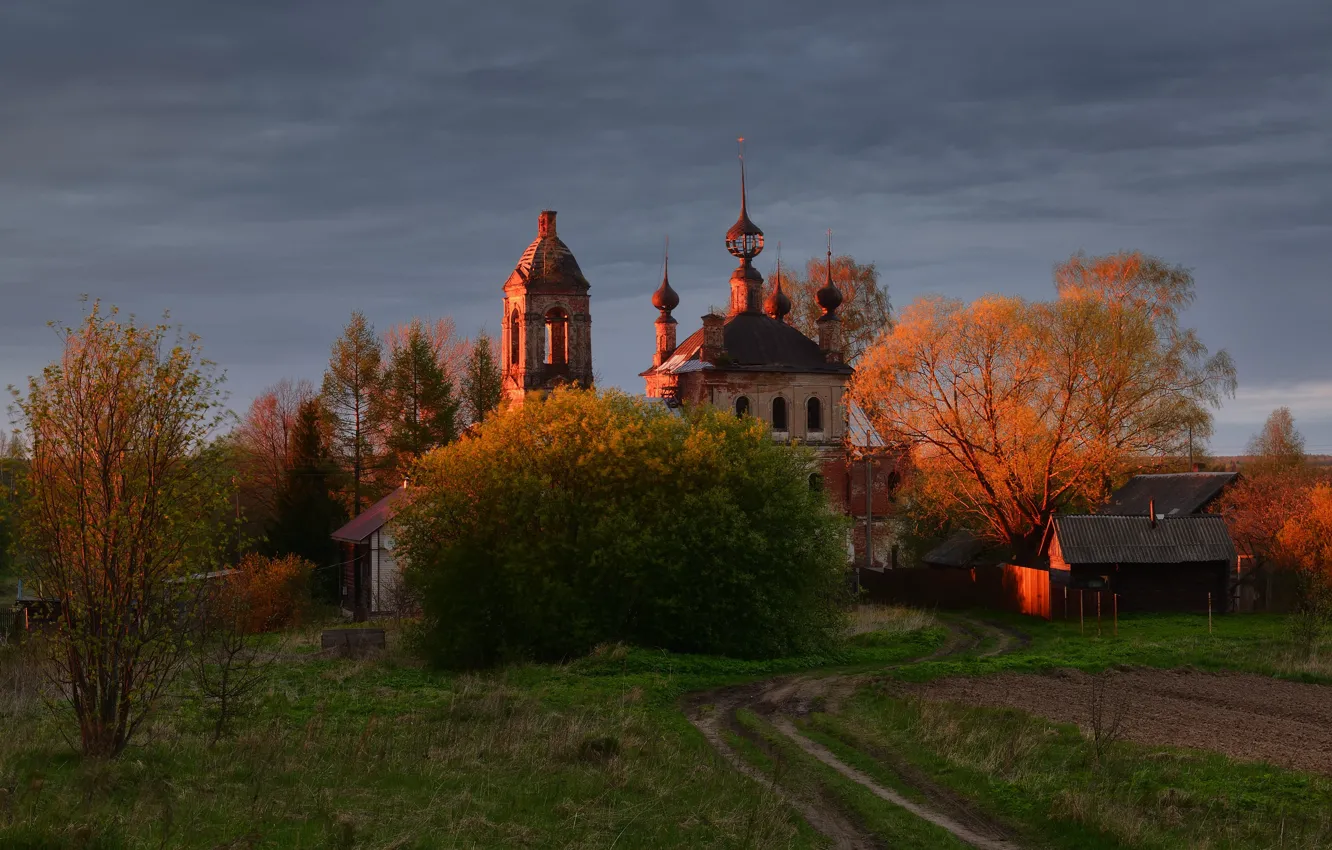 Photo wallpaper road, trees, landscape, sunset, nature, home, Church, the village