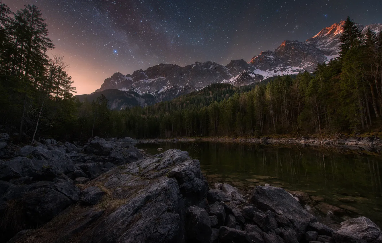 Photo wallpaper forest, the sky, stars, mountains, night, lake, stones, rocks